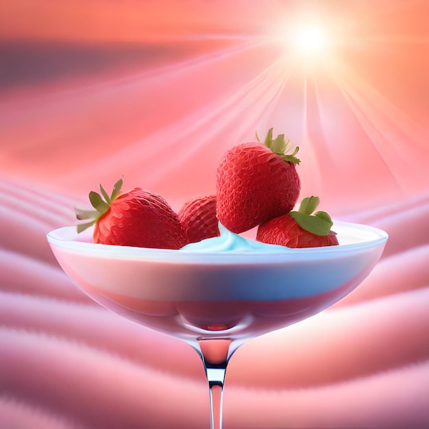 Ai a généré un verre de crème à la fraise avec un fond rose et le soleil qui brille derrière