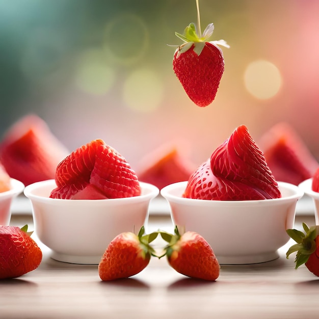 Ai a généré un verre de crème à la fraise avec un fond rose et le soleil qui brille derrière