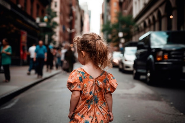 AI généré vue arrière portrait franc authentique petite fille aux cheveux bruns à l'arrière-plan de la rue urbaine