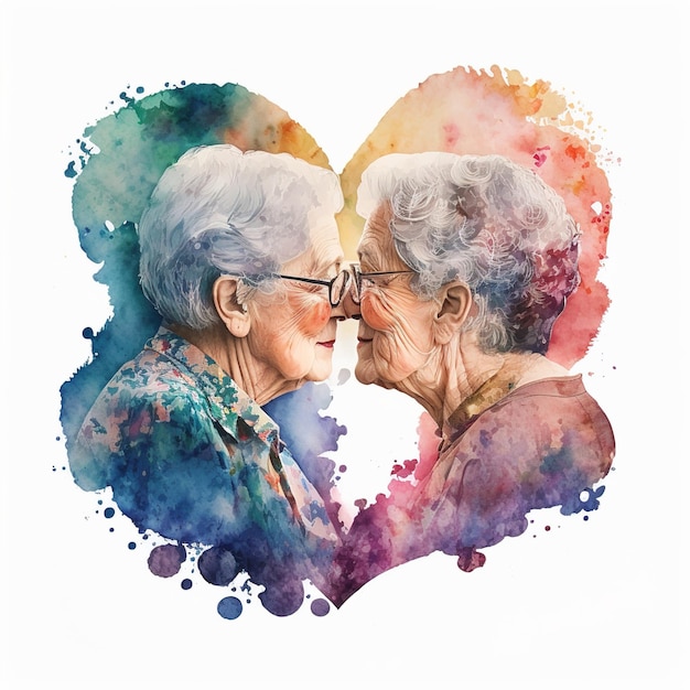 AI Illustration générative à l'aquarelle de deux grands-mères gays embrassant un couple d'âge mûr amoureux