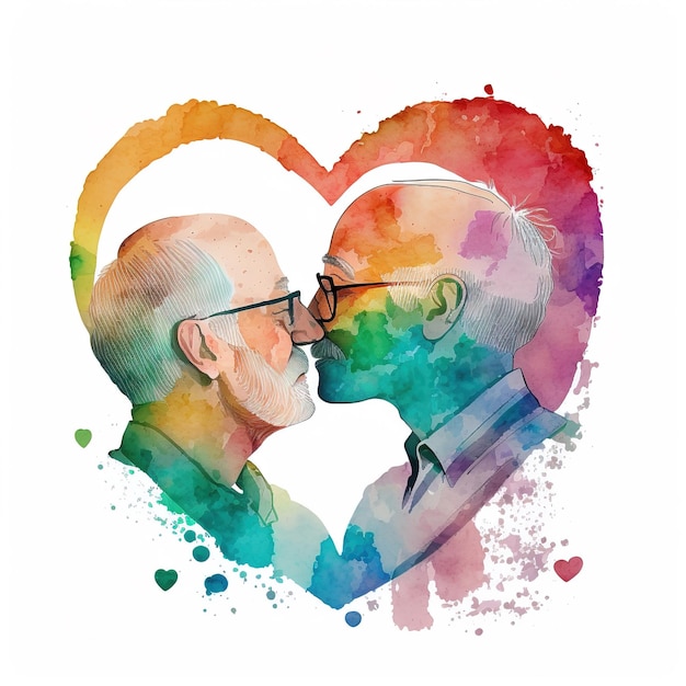 AI Illustration générative à l'aquarelle de deux grands-pères gays embrassant un couple d'âge mûr amoureux