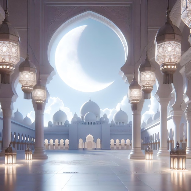 Photo ai images nuit du ramadan moubarak avec une mosquée blanche lanterne lumineuse et un ciel nuageux en arrière-plan