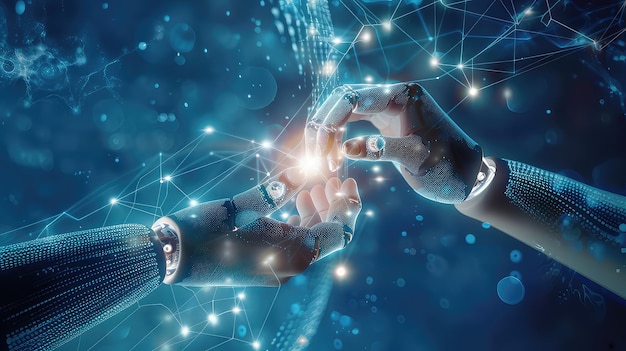 AI Les mains du robot et de l'homme touchant sur la connexion de réseau de grandes données Échange de données Apprentissage profond Science et intelligence artificielle Innovation technologique futuriste