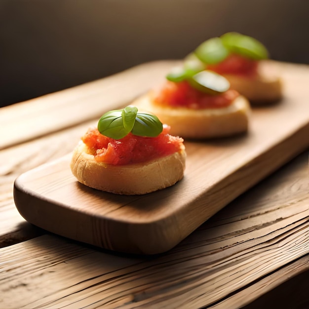 Ai photo illustration d'une délicieuse bruschetta sur une planche de bois dans une cuisine rustique avec naturel