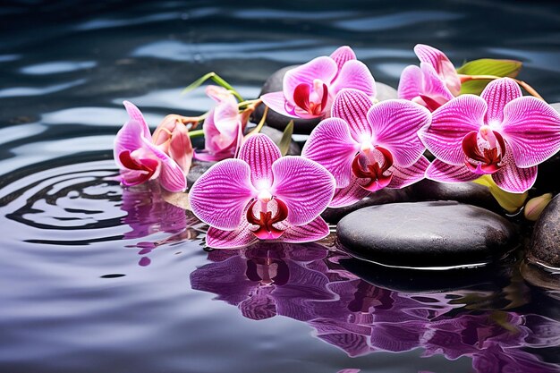 Photo ai pierres de spa génératives avec des fleurs d'orchidées roses sur l'eau xd