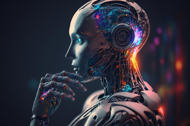 Ai Robot pensant avec la main sur le menton intelligence artificielle fond clair brillant Ai générative