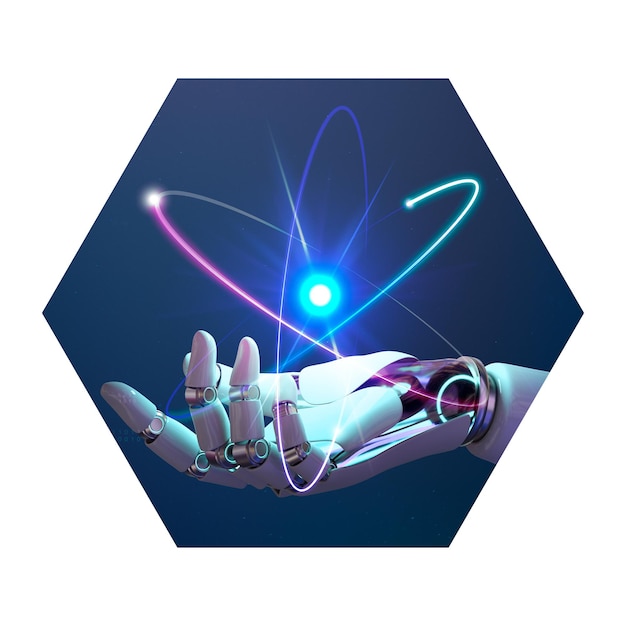 AI robot png main badge autocollant technologie futuriste remixée photo médiatique en forme d'hexagone fond transparent