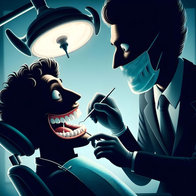 AI d'une scène de caricature drôle de dentistes extraire à la main les dents des patients en silhouette