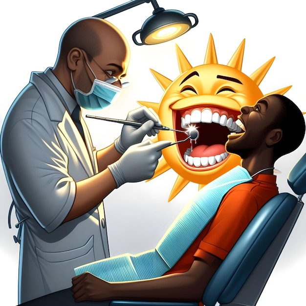 AI d'une scène de caricature drôle de dentistes extraire à la main les dents des patients en silhouette