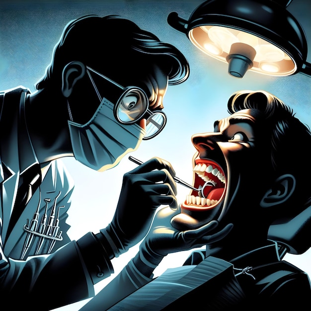 AI d'une scène de caricature drôle de dentistes extraire à la main les dents des patients en silhouette
