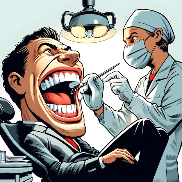 AI d'une scène de caricature drôle de dentistes extraire à la main les dents des patients en silhouette