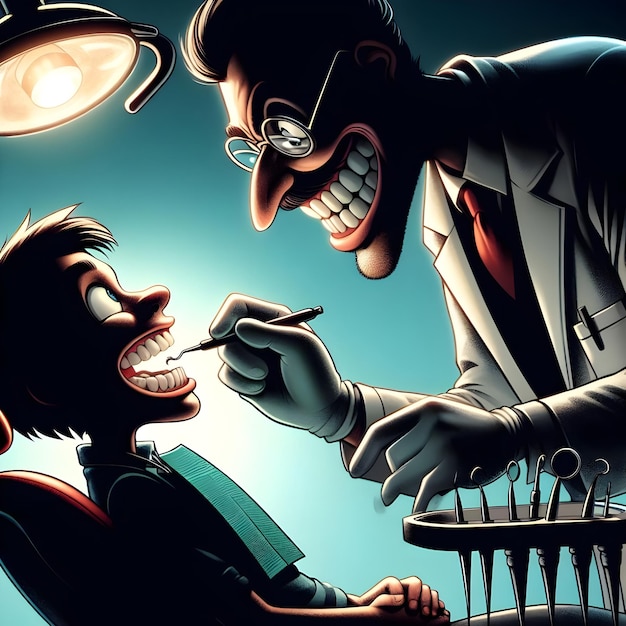 AI d'une scène de caricature drôle de dentistes extraire à la main les dents des patients en silhouette