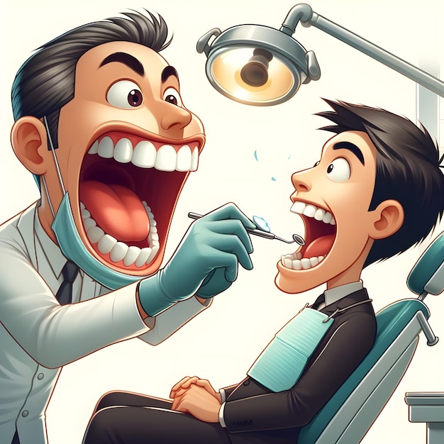 AI d'une scène de caricature drôle de dentistes extraire à la main les dents des patients en silhouette