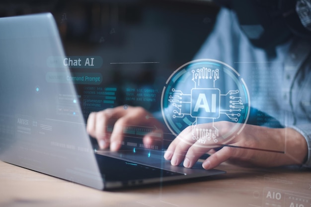 Ai tech Chatbot avec AI Intelligence artificielle moteur de recherche homme d'affaires utilisant l'ordinateur portable connectio