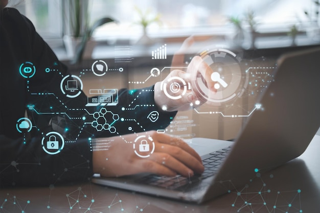 Ai tech Chatbot avec AI Intelligence artificielle moteur de recherche homme d'affaires utilisant l'ordinateur portable connectio