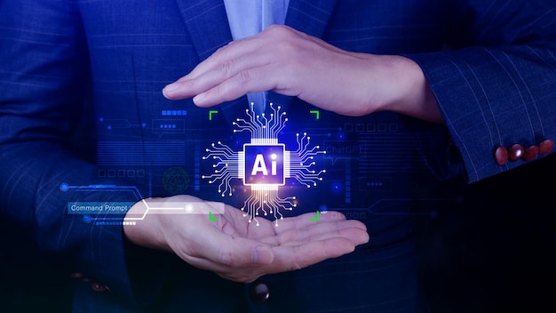 Ai tech Homme d'affaires utilisant un graphique virtuel Connexion Internet mondiale Chatgpt Discutez avec l'intelligence artificielle AI à l'aide de l'invite de commande pour générer quelque chose Transformation technologique futuriste