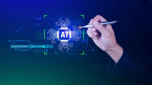 Ai tech Homme d'affaires utilisant un graphique virtuel Connexion Internet mondiale Chatgpt Discutez avec l'intelligence artificielle AI à l'aide de l'invite de commande pour générer quelque chose Transformation technologique futuriste