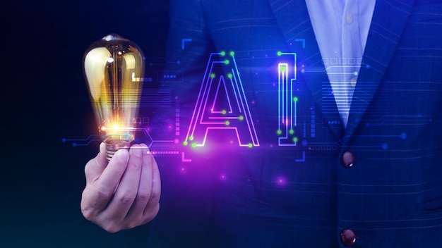Ai tech Homme d'affaires utilisant un graphique virtuel Connexion Internet mondiale Chatgpt Discutez avec l'intelligence artificielle AI à l'aide de l'invite de commande pour générer quelque chose Transformation technologique futuriste