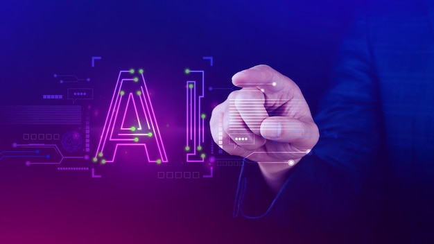 Ai tech Homme d'affaires utilisant un graphique virtuel Connexion Internet mondiale Chatgpt Discutez avec l'intelligence artificielle AI à l'aide de l'invite de commande pour générer quelque chose Transformation technologique futuriste