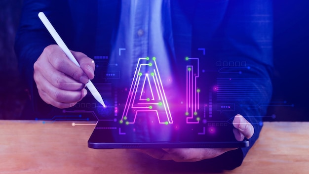 Ai tech Homme d'affaires utilisant un graphique virtuel Connexion Internet mondiale Chatgpt Discutez avec l'intelligence artificielle AI à l'aide de l'invite de commande pour générer quelque chose Transformation technologique futuriste