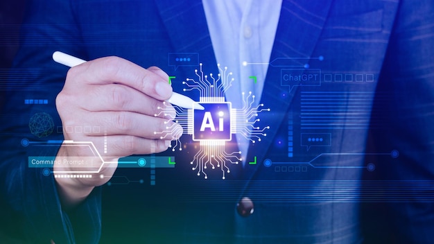 Ai tech Homme d'affaires utilisant le graphique virtuel Internet mondial se connecter Chatgpt Chat avec l'IA L'intelligence artificielle utilisant l'invite de commande pour génère quelque chose Transformation technologique futuriste