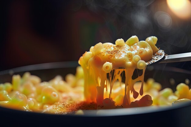 À l'aide d'une cuillère, prélevez le macaroni au fromage de la poêle encore chaude