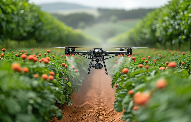 À l'aide d'un drone, un agriculteur est en train d'appliquer du pulvérisateur.