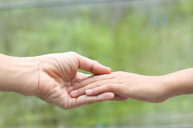 Aide à La Famille - Main De L'enfant Mis Sur La Main De La Mère Avec Amour Et Soin