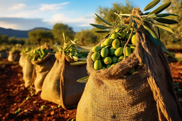 À l'aide de filets verts, des olives fraîches ont été collectées dans des sacs dans un champ crétois pour produire de l'huile d'olive