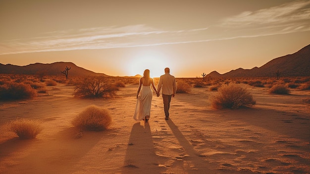 Photo À l'aide de l'ia générative, un couple se promène au coucher du soleil dans le désert