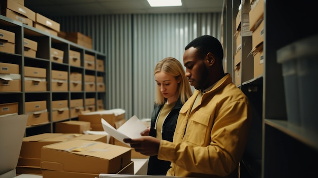 À l'aide de l'IA générative, une employée de la salle de stockage compare un jeune homme portant une pile de colis à une enveloppe emballée avec une lettre