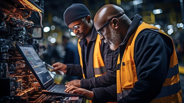 À l'aide d'un ordinateur portable, le directeur et l'assistant de l'ingénieur d'usine examinent une machine sidérurgique industrielle