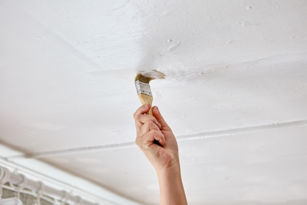 À l'aide d'un pinceau pour retoucher le plafond avec de la peinture blanche, le peintre en bâtiment peint la surface