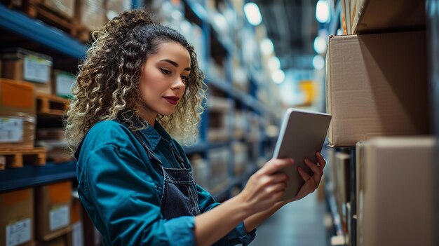 Photo À l'aide d'une tablette informatisée, une employée d'entrepôt vérifie les étiquettes de cargaison.