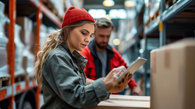 Photo À l'aide d'une tablette informatisée, une employée d'entrepôt vérifie les étiquettes des marchandises. generative ai