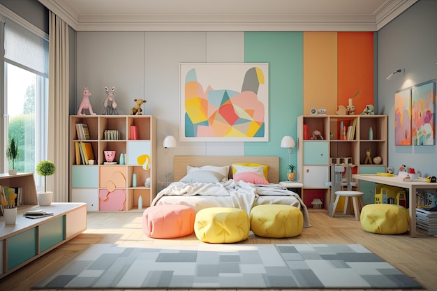 AiGenerated Design d'intérieur pastel coloré, décoration de chambre d'enfant enchanteresse