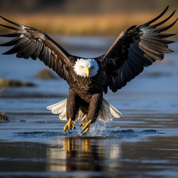 Photo l'aigle arafe atterrit sur l'eau avec les ailes étalées