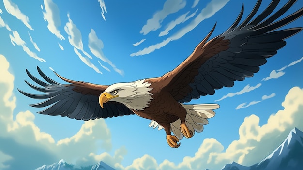 l'aigle chauve américain en vol sur un fond de montagne boisé et enneigé