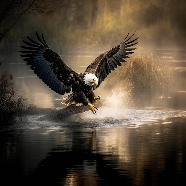 Un aigle chauve atterrit sur un lac avec le soleil qui brille dessus.