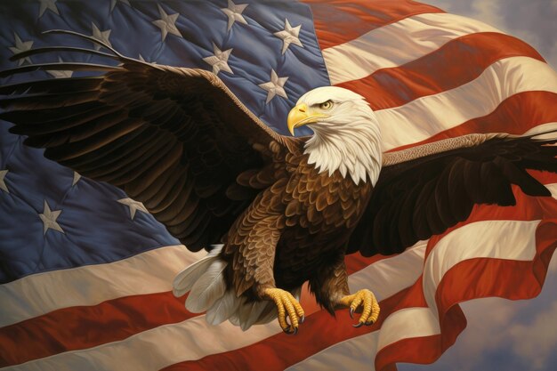 Aigle chauve dans le drapeau des États-Unis d'Amérique rendu 3D Let Freedom Ring Aigle chauve généré par l'IA