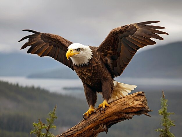 Photo l'aigle chauve perché majestueusement sur une branche d'arbre dans la forêt générative ai