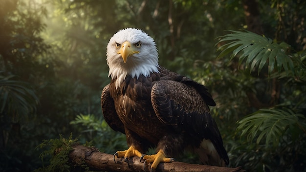 un aigle chauve se tient sur un tronc de bois dans la forêt