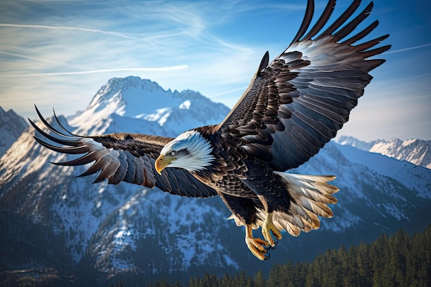 L'aigle chauve volant dans le ciel bleu avec des montagnes en arrière-plan