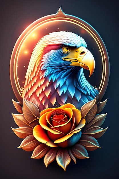 Un aigle coloré avec des roses et une tête bleue.