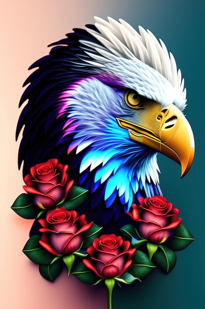 Un aigle coloré avec des roses sur le visage