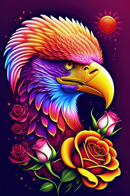 Un aigle coloré avec des roses