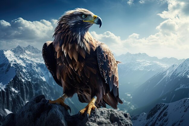 Un aigle debout sur une colline surplombant une magnifique chaîne de montagnes