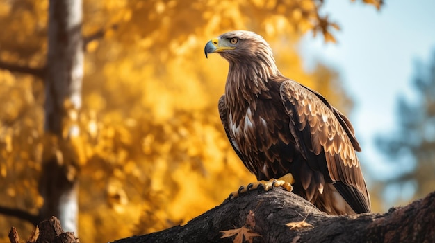 un aigle doré est assis sur une branche d'arbre avec un fond jaune.