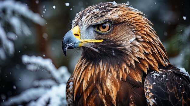 un aigle doré regarde la caméra avec de la neige tombant sur son bec