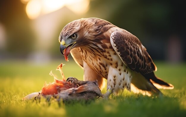 Photo un aigle en gros plan mangeant un faucon à queue rouge